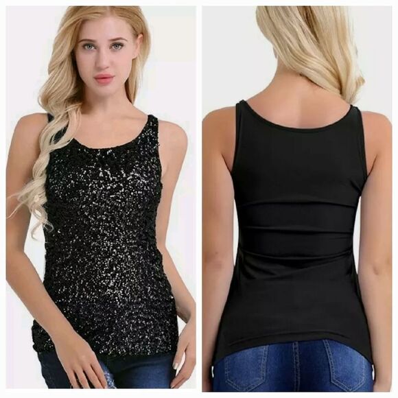 Old Navy Black XS Sequin Front Tank Top Sleeveless Ribbed Knit Tee Scoop Neck - Picture 2 of 11